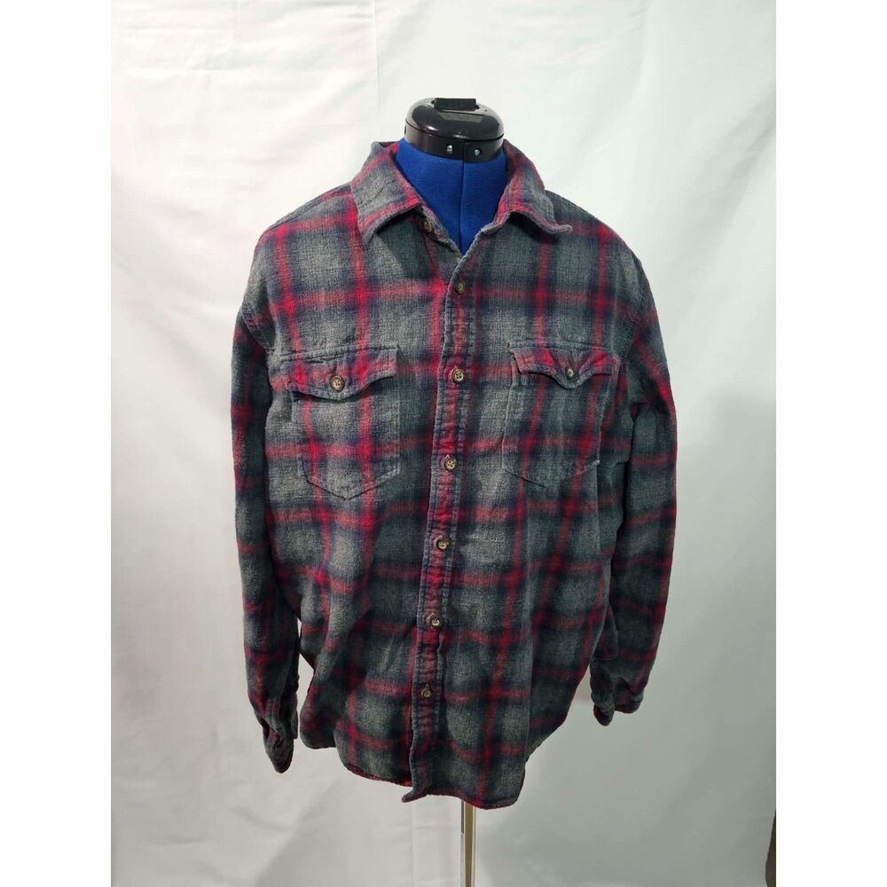 Retro Eddie Bauer Red Gray Plaid Flannel Shirt XL